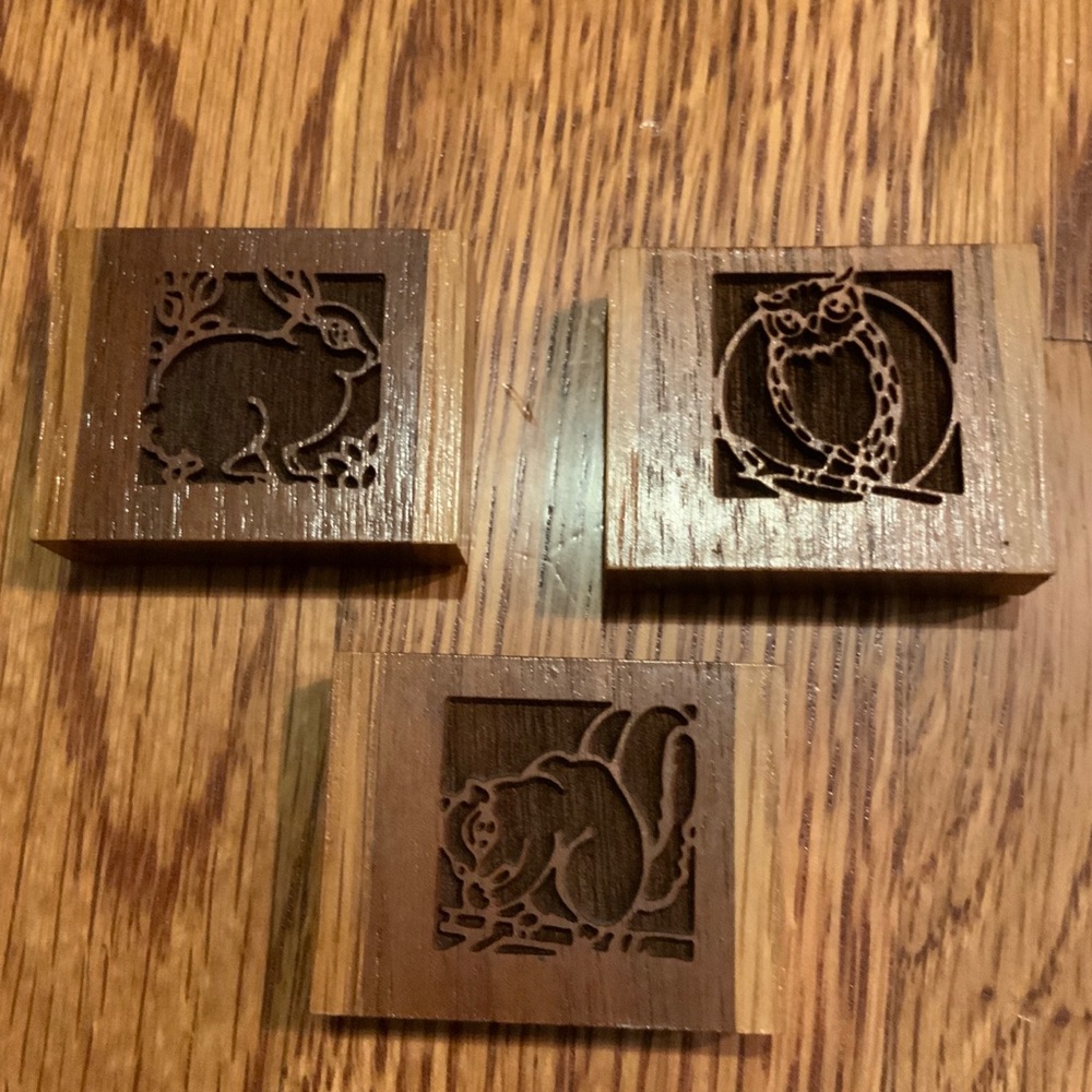Vintage Lasercraft Fridge Magnets Owl Bunny Squirrel Wood Set of 3 NOS #N1